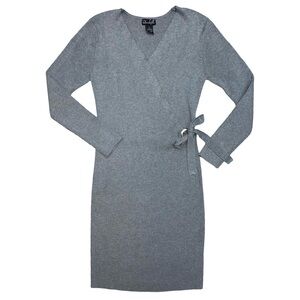 Faux Wrap Ribbed Lightweight Mini Sweater Dress Medium Gray Casual Layering Fall